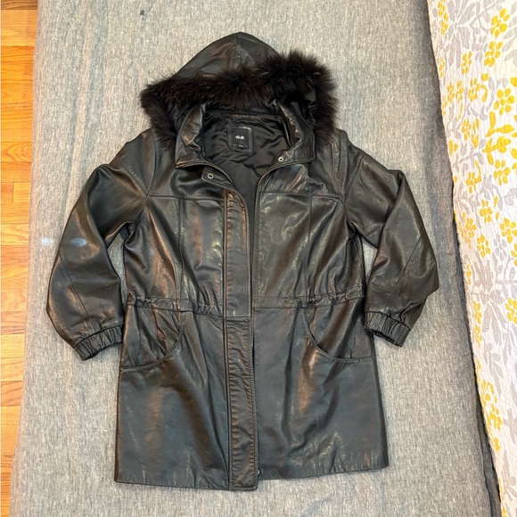 Unisex Black Racoon Fur Hooded Leather Long Jacket - Picture 2 of 8